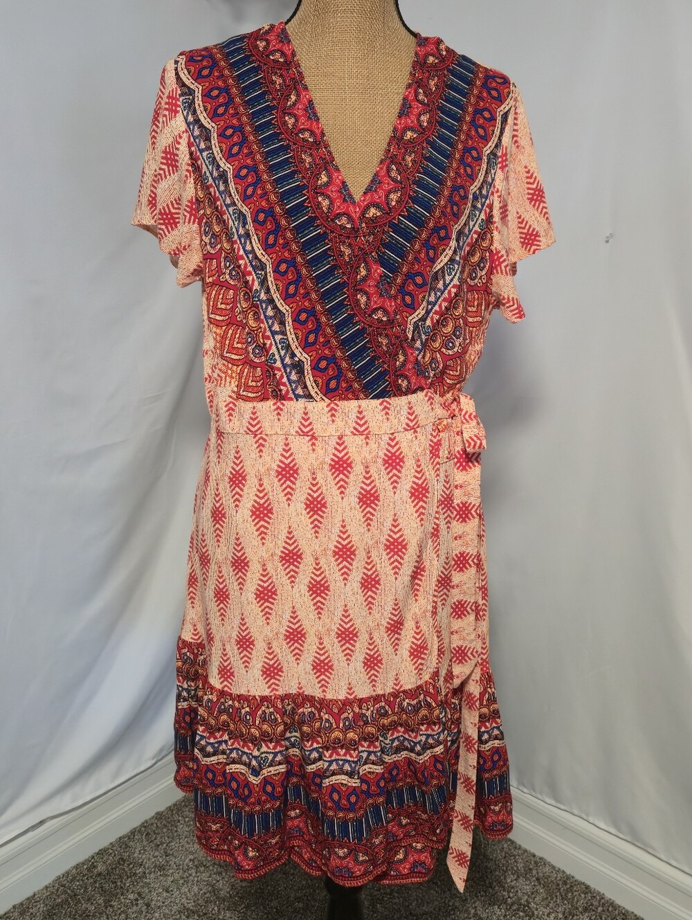 Boho Wrap Midi Dress in Red & Blue Print